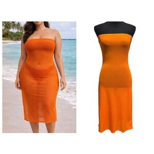 Khy by Kylie Jenner Mesh Tube Midi Dress Large Orange Strapless Sheer Bodycon